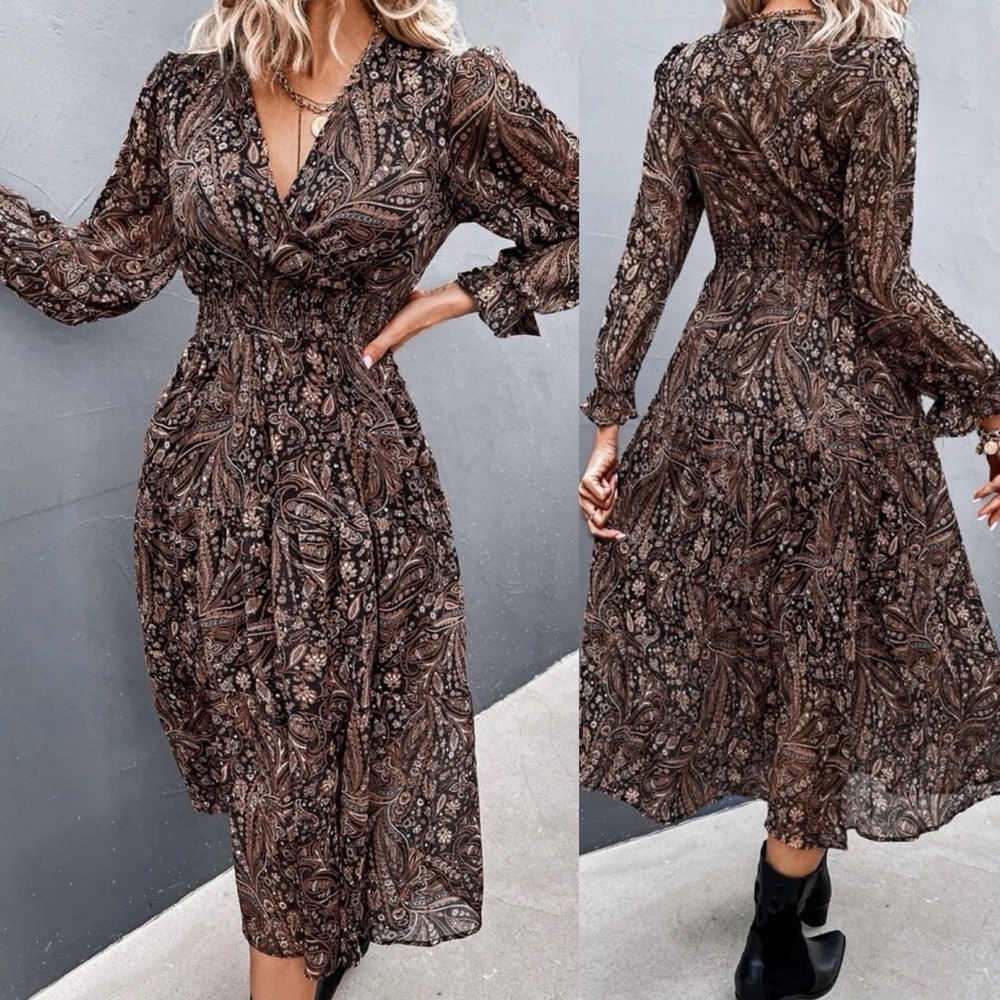 Long sleeve v neck paisley shirred ruffle maxi dress brown boho gypsy - Picture 2 of 2